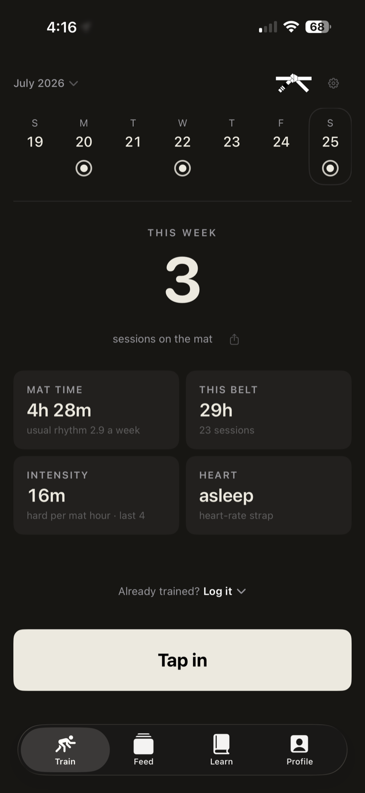 The Randori Train room: three sessions this week, four hours 28 minutes of mat time
